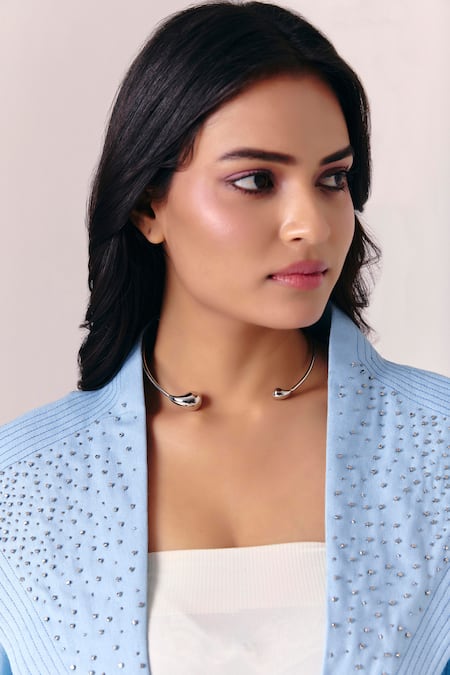 Savaaya_Blue Denim Embroidery Open Neck Collar Jacket _Online_at_Aza_Fashions