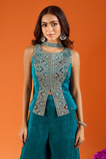 Shop Samyukta Singhania Green Silk Embroidery Round Neck Top Sharara Set Shop_Samyukta Singhania_Green Silk Embroidery Round Neck Top Sharara Set