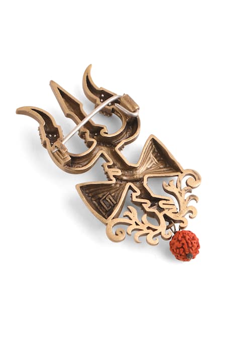 Buy_Cosa Nostraa_Gold Beads, Crystals Damru Crest Brooch _Online_at_Aza_Fashions