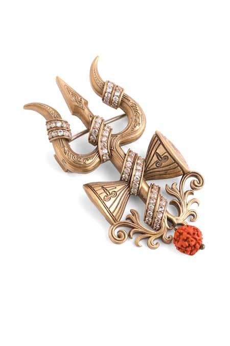 Shop_Cosa Nostraa_Gold Beads, Crystals Damru Crest Brooch _Online_at_Aza_Fashions