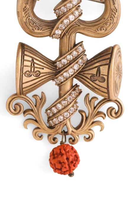 Cosa Nostraa_Gold Beads, Crystals Damru Crest Brooch _at_Aza_Fashions