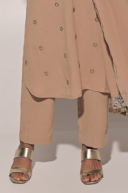 Shop Kriti Bapna Beige Linen Embroidery Round Neck Embellished Straight Kurta Set Online at Aza Fashions Shop_Kriti Bapna_Beige Linen Embroidery Round Neck Embellished Straight Kurta Set _Online_at_Aza_Fashions