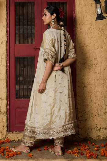 Shop_Monk & Mei By Sonia Anand_Gold Silk, Tissue, Shantoon Embroidery V-neck Manya Benarasi Blend Kurta Set _Online_at_Aza_Fashions