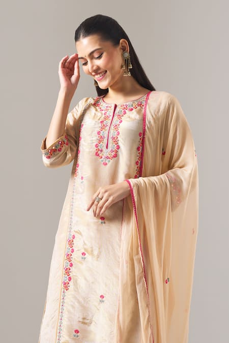 Shop Samyukta Singhania Beige Tissue, Shantoon, Chiffon Embroidery, Mirrors, Zari, Thread And Kurta Set Online at Aza Fashions Shop_Samyukta Singhania_Beige Tissue, Shantoon, Chiffon Embroidery, Mirrors, Zari, Thread And Kurta Set _Online_at_Aza_Fashions