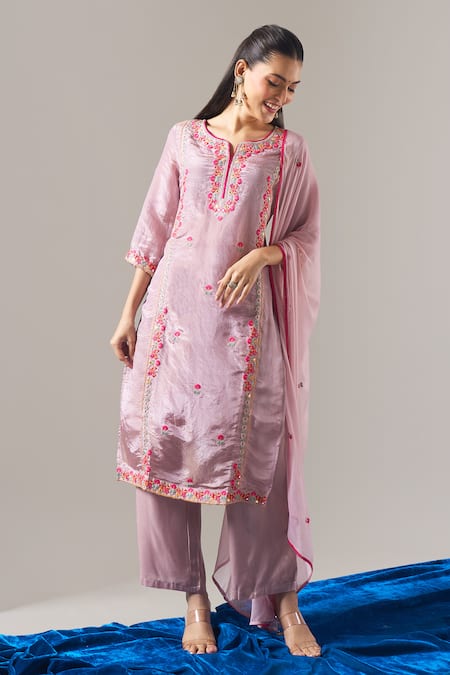Buy_Samyukta Singhania_Purple Tissue, Shantoon, Chiffon Embroidery, Zari, Mirrors, Thread And Kurta Set _Online_at_Aza_Fashions
