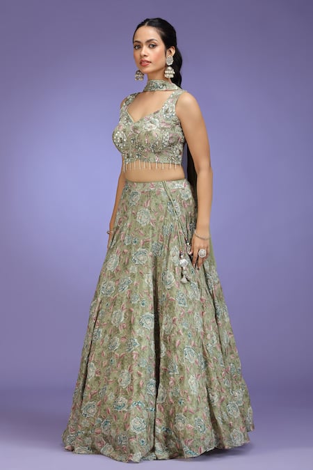 Jhambthreads_Green Viscose Embroidery, Sequins, Beads Sweetheart Floral Pattern Lehenga Set _Online_at_Aza_Fashions