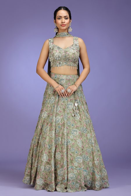 Buy_Jhambthreads_Green Viscose Embroidery, Sequins, Beads Sweetheart Floral Pattern Lehenga Set _Online_at_Aza_Fashions