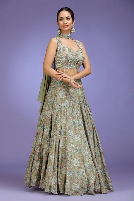 Shop_Jhambthreads_Green Viscose Embroidery, Sequins, Beads Sweetheart Floral Pattern Lehenga Set _Online_at_Aza_Fashions