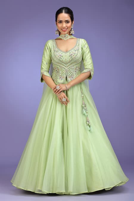 Jhambthreads_Green Silk, Organza Embroidery, Stones, Tassels V-neck Blouse And Lehenga Set _Online_at_Aza_Fashions