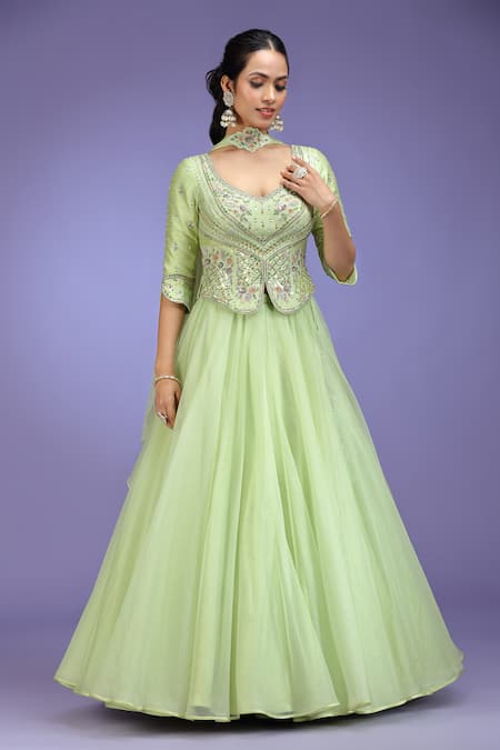 Buy_Jhambthreads_Green Silk, Organza Embroidery, Stones, Tassels V-neck Blouse And Lehenga Set _Online_at_Aza_Fashions