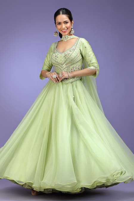 Shop_Jhambthreads_Green Silk, Organza Embroidery, Stones, Tassels V-neck Blouse And Lehenga Set _Online_at_Aza_Fashions