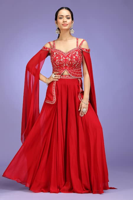 Jhambthreads_Red Silk, Georgette Sequins, Zari, Stones Work Cape Sleeve Blouse Lehenga Set _Online_at_Aza_Fashions