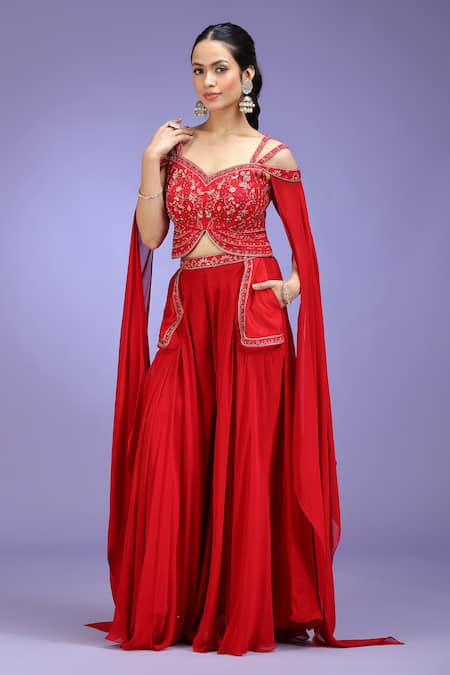 Buy_Jhambthreads_Red Silk, Georgette Sequins, Zari, Stones Work Cape Sleeve Blouse Lehenga Set _Online_at_Aza_Fashions