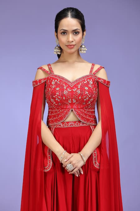 Shop_Jhambthreads_Red Silk, Georgette Sequins, Zari, Stones Work Cape Sleeve Blouse Lehenga Set _Online_at_Aza_Fashions