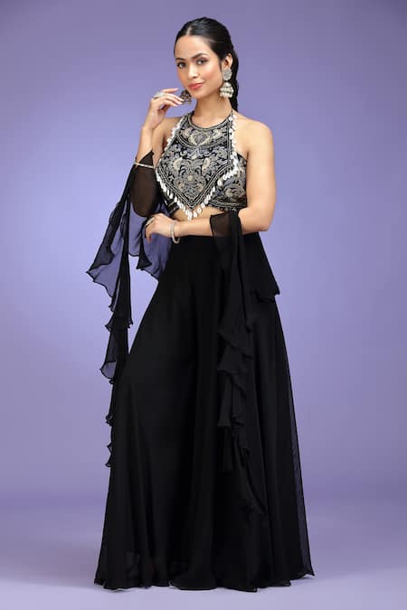 Buy_Jhambthreads_Black Silk, Georgette Embroidery, Zari, Mirrors, Tribal Blouse Lehenga Set _Online_at_Aza_Fashions