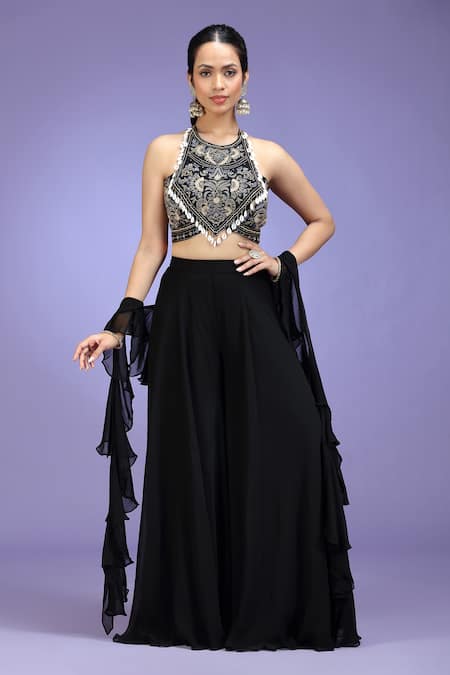 Jhambthreads_Black Silk, Georgette Embroidery, Zari, Mirrors, Tribal Blouse Lehenga Set _at_Aza_Fashions