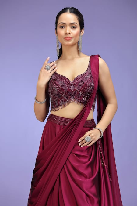 Jhambthreads_Wine Georgette Embroidery, Sequins, Tassels Sweetheart Neck Lehenga Set _Online_at_Aza_Fashions