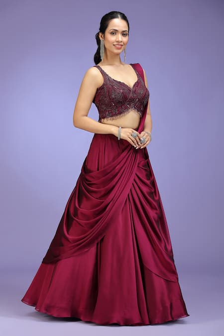 Shop_Jhambthreads_Wine Georgette Embroidery, Sequins, Tassels Sweetheart Neck Lehenga Set _Online_at_Aza_Fashions
