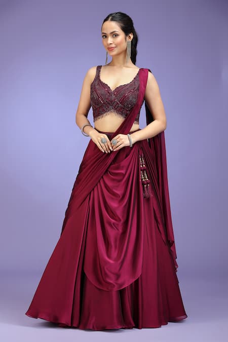 Jhambthreads_Wine Georgette Embroidery, Sequins, Tassels Sweetheart Neck Lehenga Set _at_Aza_Fashions