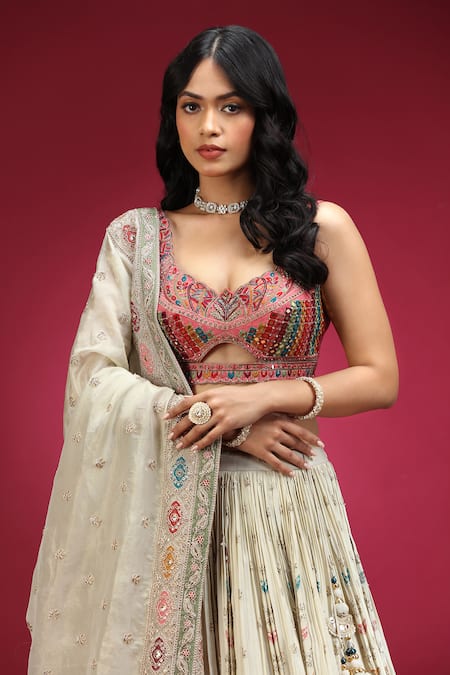 Jhambthreads_Pink Silk, Tissue Embroidery, Sequins, Beads, Geometric Pattern Lehenga Set _Online_at_Aza_Fashions