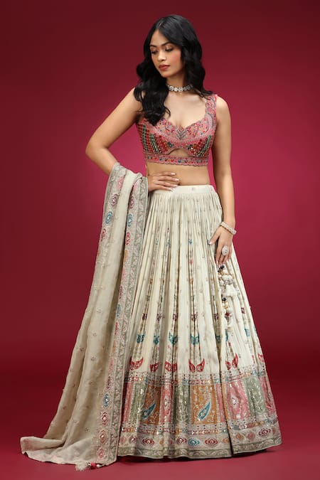 Buy_Jhambthreads_Pink Silk, Tissue Embroidery, Sequins, Beads, Geometric Pattern Lehenga Set _Online_at_Aza_Fashions