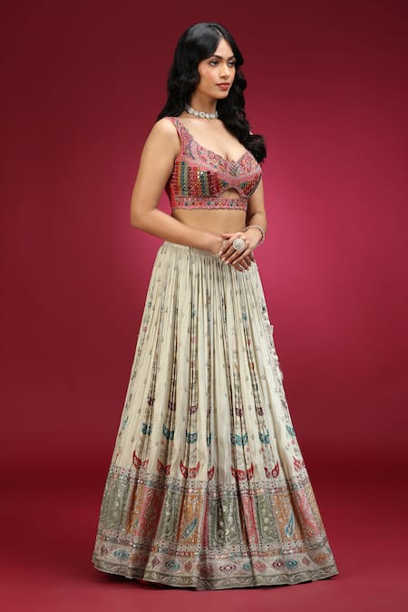 Shop_Jhambthreads_Pink Silk, Tissue Embroidery, Sequins, Beads, Geometric Pattern Lehenga Set _Online_at_Aza_Fashions