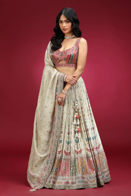 Jhambthreads_Pink Silk, Tissue Embroidery, Sequins, Beads, Geometric Pattern Lehenga Set _at_Aza_Fashions