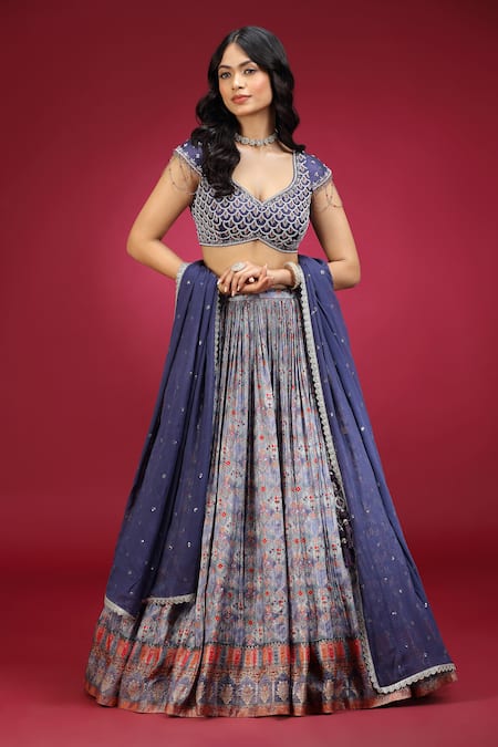 Jhambthreads_Blue Silk, Georgette, Crepe Embroidery, Zari, Geometric Pattern Lehenga Set _Online_at_Aza_Fashions