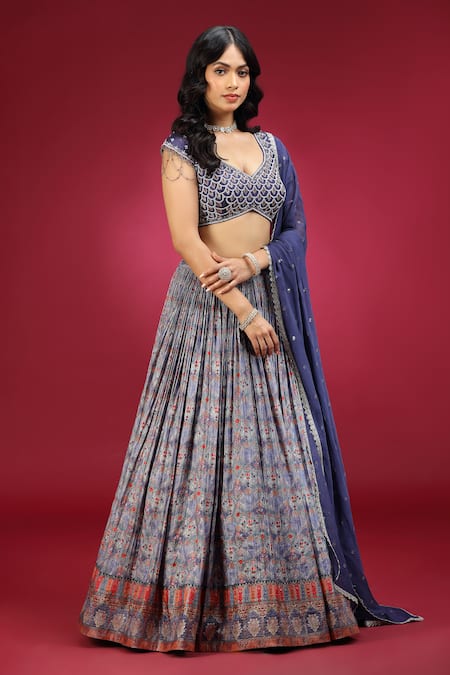 Buy_Jhambthreads_Blue Silk, Georgette, Crepe Embroidery, Zari, Geometric Pattern Lehenga Set _Online_at_Aza_Fashions