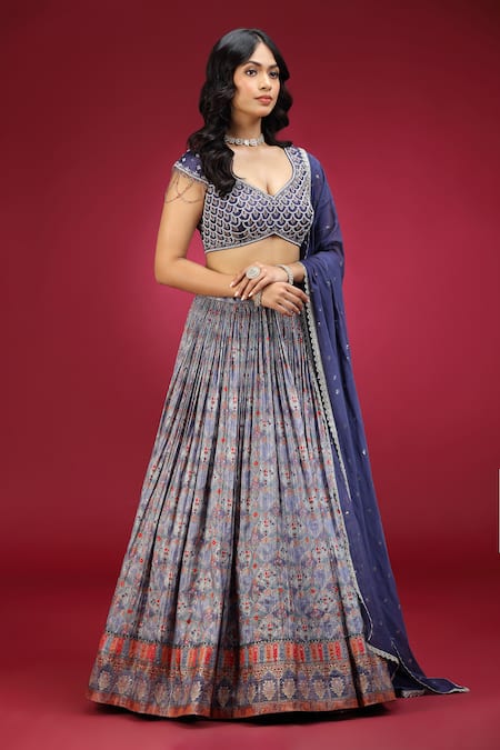 Shop_Jhambthreads_Blue Silk, Georgette, Crepe Embroidery, Zari, Geometric Pattern Lehenga Set _Online_at_Aza_Fashions