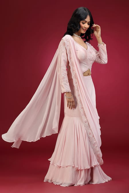 Buy_Jhambthreads_Peach Silk, Georgette Embroidery V-neck Blouse Lehenga Set _Online_at_Aza_Fashions