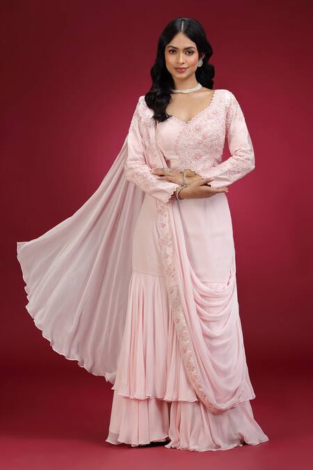 Shop_Jhambthreads_Peach Silk, Georgette Embroidery V-neck Blouse Lehenga Set _Online_at_Aza_Fashions