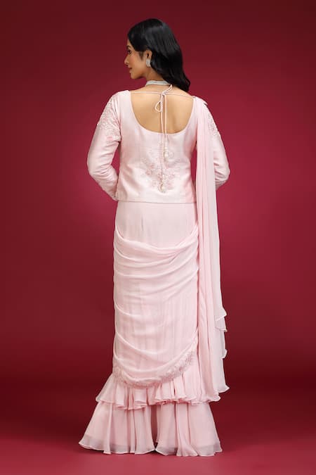 Jhambthreads_Peach Silk, Georgette Embroidery V-neck Blouse Lehenga Set _at_Aza_Fashions