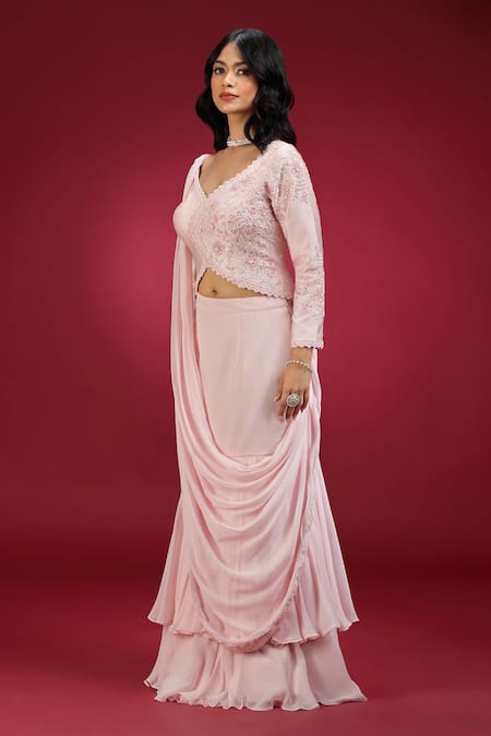 Buy_Jhambthreads_Peach Silk, Georgette Embroidery V-neck Blouse Lehenga Set 