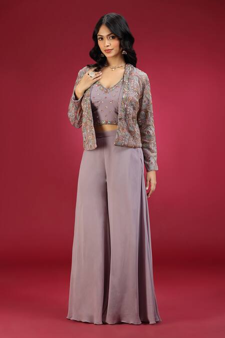 Jhambthreads_Purple Georgette Embroidery Open Neck, Jacket Palazzo Set _Online_at_Aza_Fashions