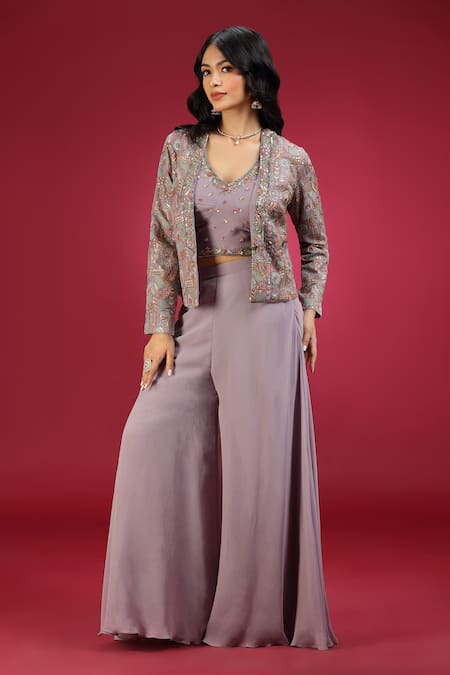 Buy_Jhambthreads_Purple Georgette Embroidery Open Neck, Jacket Palazzo Set _Online_at_Aza_Fashions