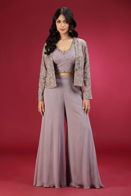Shop_Jhambthreads_Purple Georgette Embroidery Open Neck, Jacket Palazzo Set _Online_at_Aza_Fashions