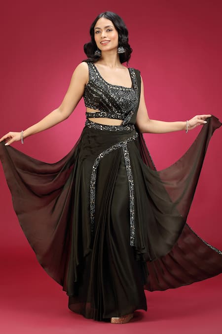 Shop_Jhambthreads_Green Georgette Embroidery, Sequins, Mirrors Embellished Blouse And Lehenga Set _Online_at_Aza_Fashions