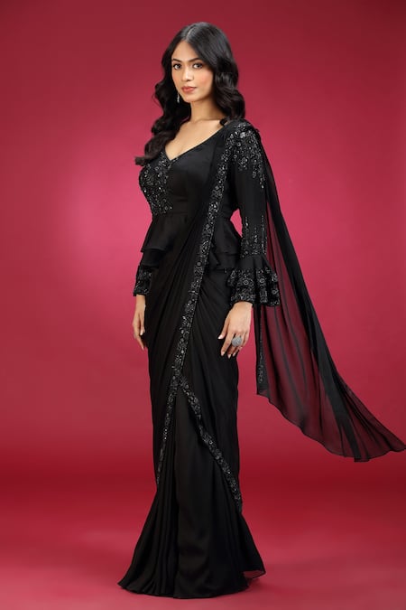 Jhambthreads_Black Georgette Sequins, Beads, Pre-draped Saree And Embellished Peplum Top Set _at_Aza_Fashions