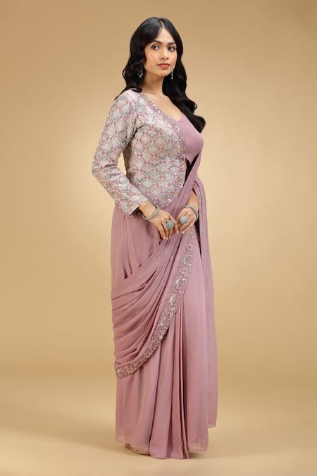 Jhambthreads_Pink Georgette Embroidery, Embellished Half Jacket And Pre-draped Saree Set _Online_at_Aza_Fashions