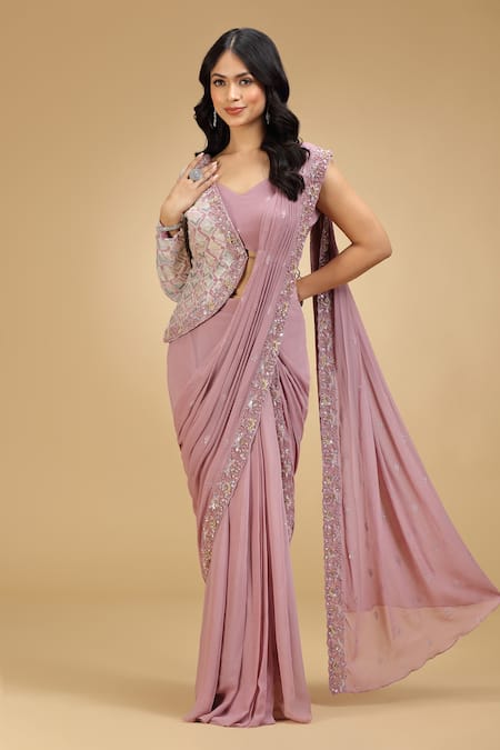 Buy_Jhambthreads_Pink Georgette Embroidery, Embellished Half Jacket And Pre-draped Saree Set _Online_at_Aza_Fashions