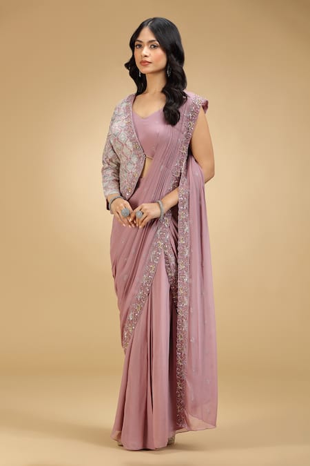 Jhambthreads_Pink Georgette Embroidery, Embellished Half Jacket And Pre-draped Saree Set _at_Aza_Fashions