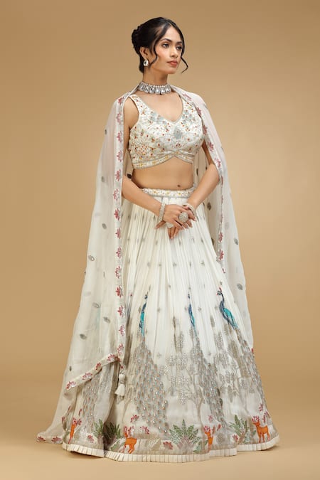 Jhambthreads_Green Silk, Georgette Beads, Tassels, Sequins Peacock Embroidered Lehenga Set _Online_at_Aza_Fashions