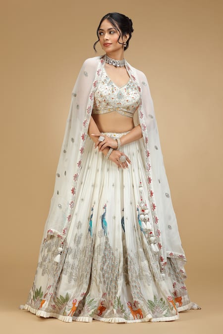 Buy_Jhambthreads_Green Silk, Georgette Beads, Tassels, Sequins Peacock Embroidered Lehenga Set _Online_at_Aza_Fashions
