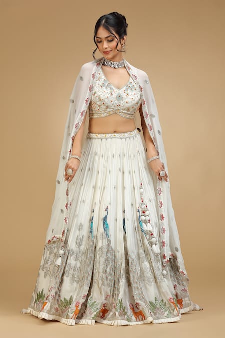 Shop_Jhambthreads_Green Silk, Georgette Beads, Tassels, Sequins Peacock Embroidered Lehenga Set _Online_at_Aza_Fashions