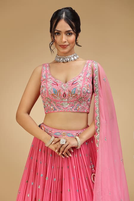 Jhambthreads_Pink Silk, Tissue Embroidery, Sequins, Zari, Stones, Scallop Trimmed Lehenga Set _Online_at_Aza_Fashions