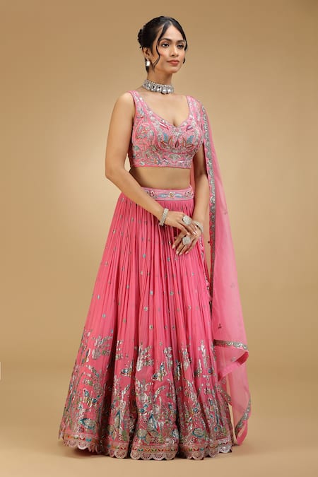 Buy_Jhambthreads_Pink Silk, Tissue Embroidery, Sequins, Zari, Stones, Scallop Trimmed Lehenga Set _Online_at_Aza_Fashions