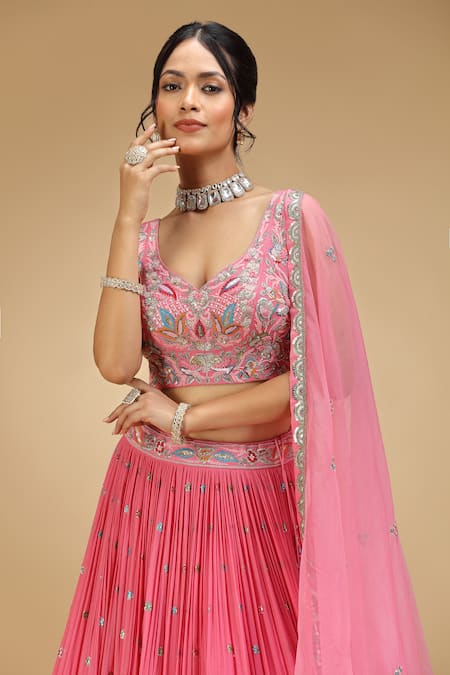 Shop_Jhambthreads_Pink Silk, Tissue Embroidery, Sequins, Zari, Stones, Scallop Trimmed Lehenga Set _Online_at_Aza_Fashions