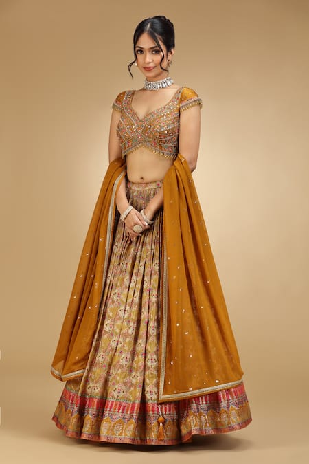 Jhambthreads_Mustard Silk, Georgette, Crepe Embroidery, Sequins, Beads, Blouse And Lehenga Set _Online_at_Aza_Fashions