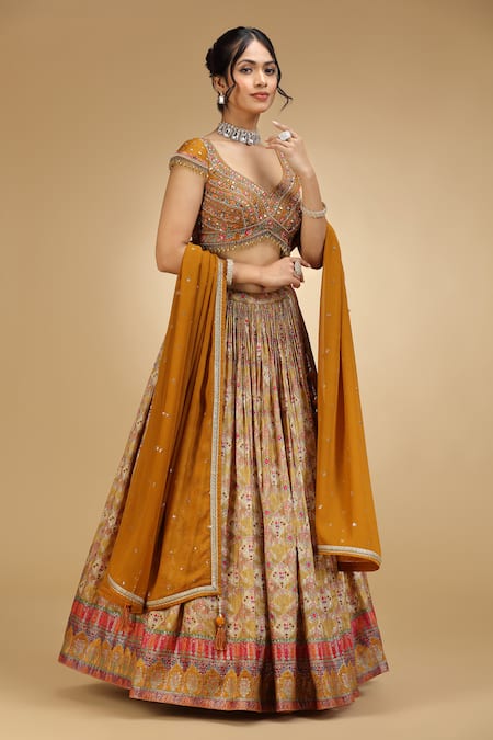 Buy_Jhambthreads_Mustard Silk, Georgette, Crepe Embroidery, Sequins, Beads, Blouse And Lehenga Set _Online_at_Aza_Fashions